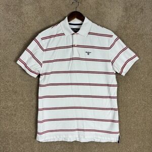 Barbour Polo Shirt Mens Size Large L White/Red Striped Short Sleeve Pique Casual